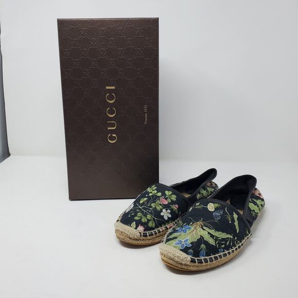 GUCCI Canvas Flora Knight Print Nero Flat Espadrilles Black Size 36.5 US 6.5 - Picture 15 of 16